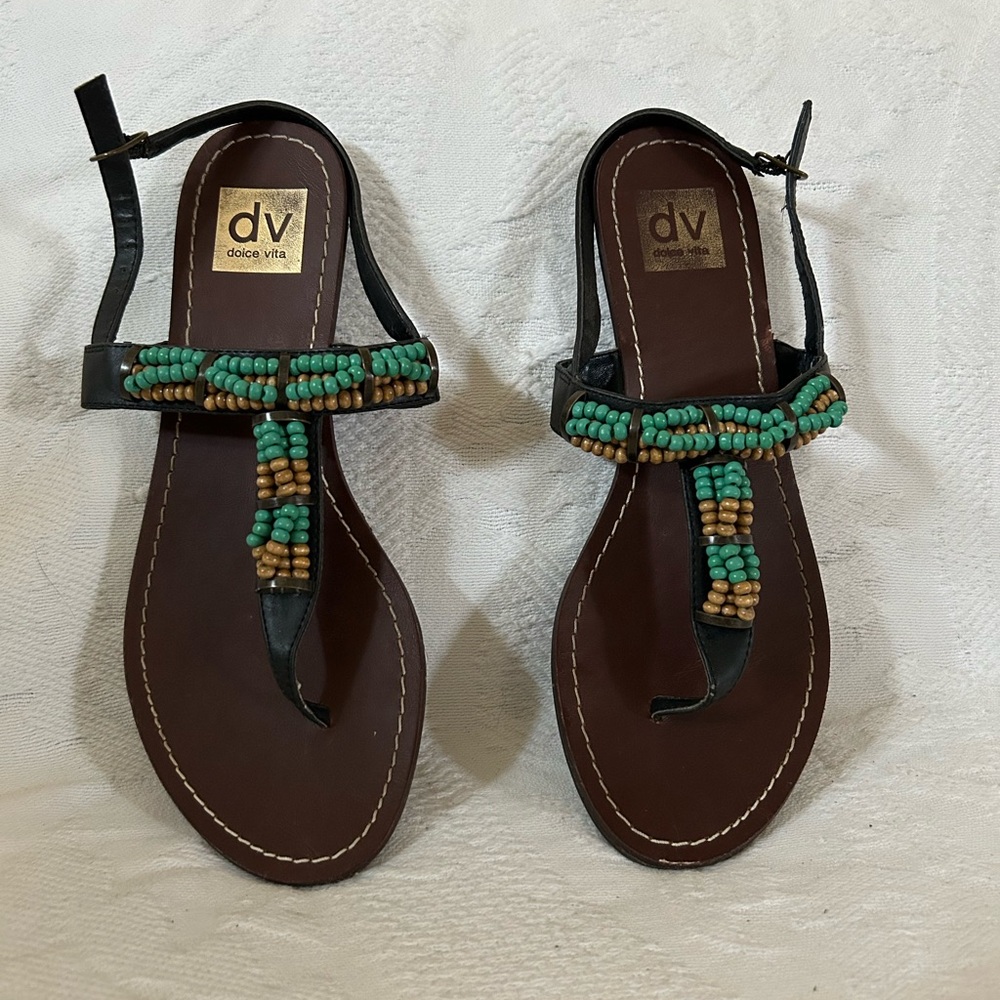 dolce vita Teal and Taupe Beaded Strap Thong Style Sandals